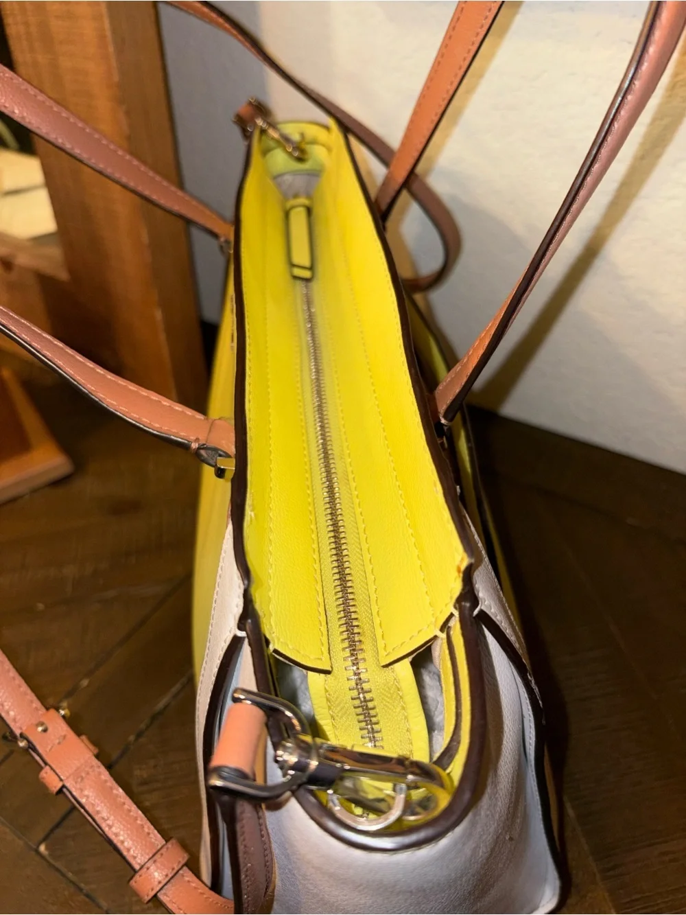kate spade Yellow and White Colorblock Leather Tote with Brown Handles